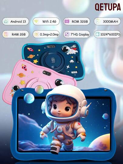 Qetupa 7-Inch Children's Tablet PC, Astronaut Theme, Android 13 System, A133 Quad-Core 1.6GHz Processor, 2GB RAM + 32GB Storage, 1024*600 IPS Touchscreen, 3000mAh Battery, 0.3MP + 2MP Dual Cameras, 2.4G WiFi, Parental Control, Education & Gaming, Comes With Protective Case, Best For Christmas, Halloween And Birthday Gifts