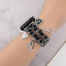 MAPUCE 1条时尚金属双链心形熊图案表带，兼容 38/40/41/42/44/45/46/49mm，适用于 Ultra/SE/11/10/9/8/7/6/5/4/3/2/1系列，长度可调节，操作简单，饰有心形、熊形和埃菲尔铁塔设计元素，时尚中性配饰表带（仅含表带，不含手表和表壳）。 - CAT235黑色 - 查看 6