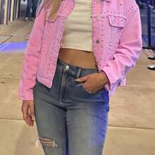 Women'S Plus Size Denim Jacket - Washed Pink Denim, Rivet Inlays On Faux Pockets, Fashionable Street Casual Style, Suitable For Daily Wear, Durable, Spring & Autumn Wear - Pink Color - View 6