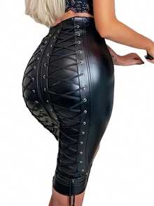 Women's Plus Size Leather Lace Up Pencil Midi Skirts Casual Two Ways Zipper - 黑色 - 查看 9