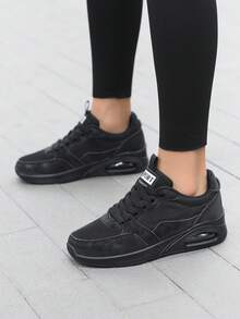 女士柔软缓震减震纯色圆头系带跑步鞋，透气四季休闲运动鞋，百搭学院风男女通用运动鞋 - 黑色 - 查看 5