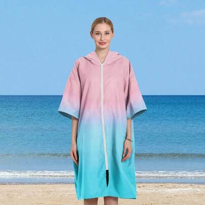 Blue-Pink Gradient Wearable Beach Towel, Zippered Cape Beachwear, Simple And Comfortable Bathrobe Suitable For Home, Pool, Or Beach