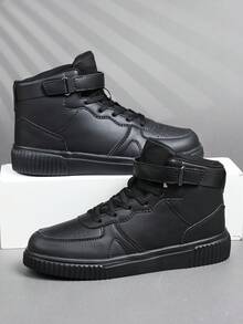 2026 Nuevos zapatos casuales para hombre, zapatillas altas clásicas retro, zapatos casuales de cordones de cuero, zapatos con suela gruesa elevadora, suelas suaves y cómodas, transpirables y ligeras, versátiles y de moda para el uso diario - Negro - Ver 1