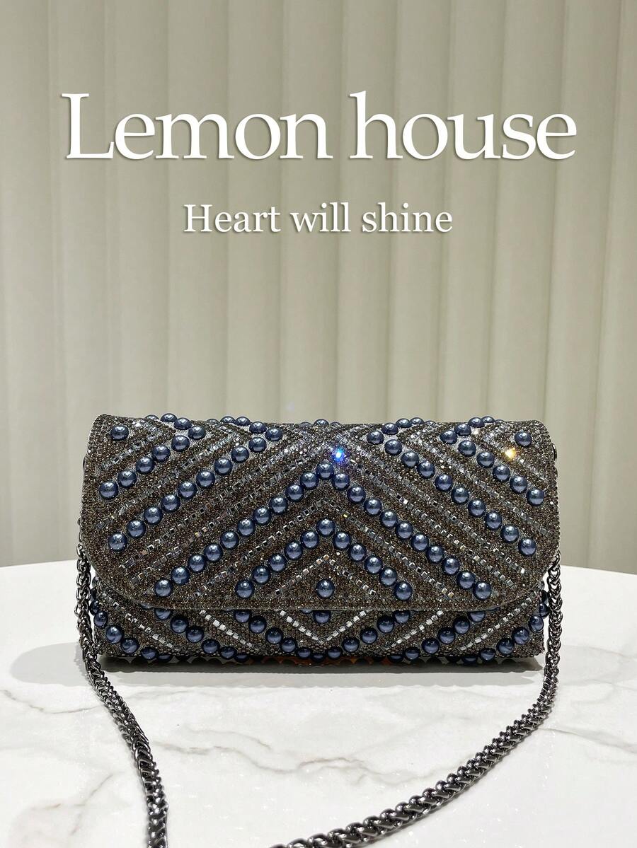 1 chiếc ví cầm tay nhỏ màu xám lấp lấp lánh đính đá, kiểu dáng thanh lịch với dây xích kim loại, túi xách thời trang cho tiệc tối, đám cưới, dạ hội, quà tặng cho phụ nữ.