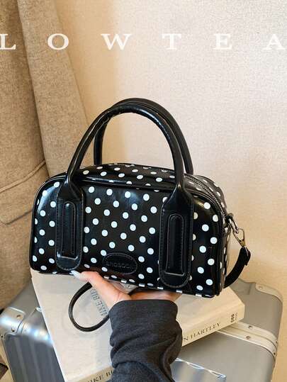 low tea 1 st. handväska i PU-läder med kontrastfärgad te-färg, bowlingväska i retrostil för kvinnor, design med dubbla handtag och dragkedja, avtagbar och justerbar axelrem, lämplig för resor, shopping, dejting, presenter för kvinnor, perfekt för pendling, utomhusbruk, resor, vandring