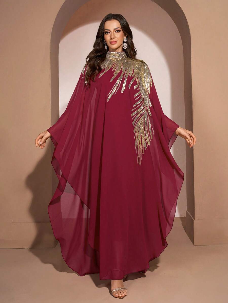 YISIKADO Women's Modest Long Arabic Abaya Dress With Gold Sequin Details