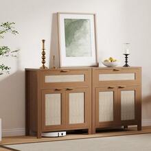 Gabinete Buffet de ratán con Almacenamiento, clóset de aparador Boho Credenza con cajón y estantes Ajustables, Consola de Mesa Buffet de Granja, gabinetes de Bar de café para Entrada, Sala de Estar - Marrón - Ver 8