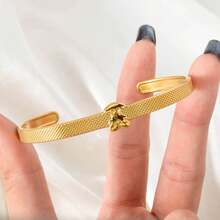 Simple Cute 18k Gold Texture Teddy Bear Pattern Open Stainless Steel Bracelet For Girls Women Daily Party School Hoilday Wear Birthday Gift - Gold - View 3