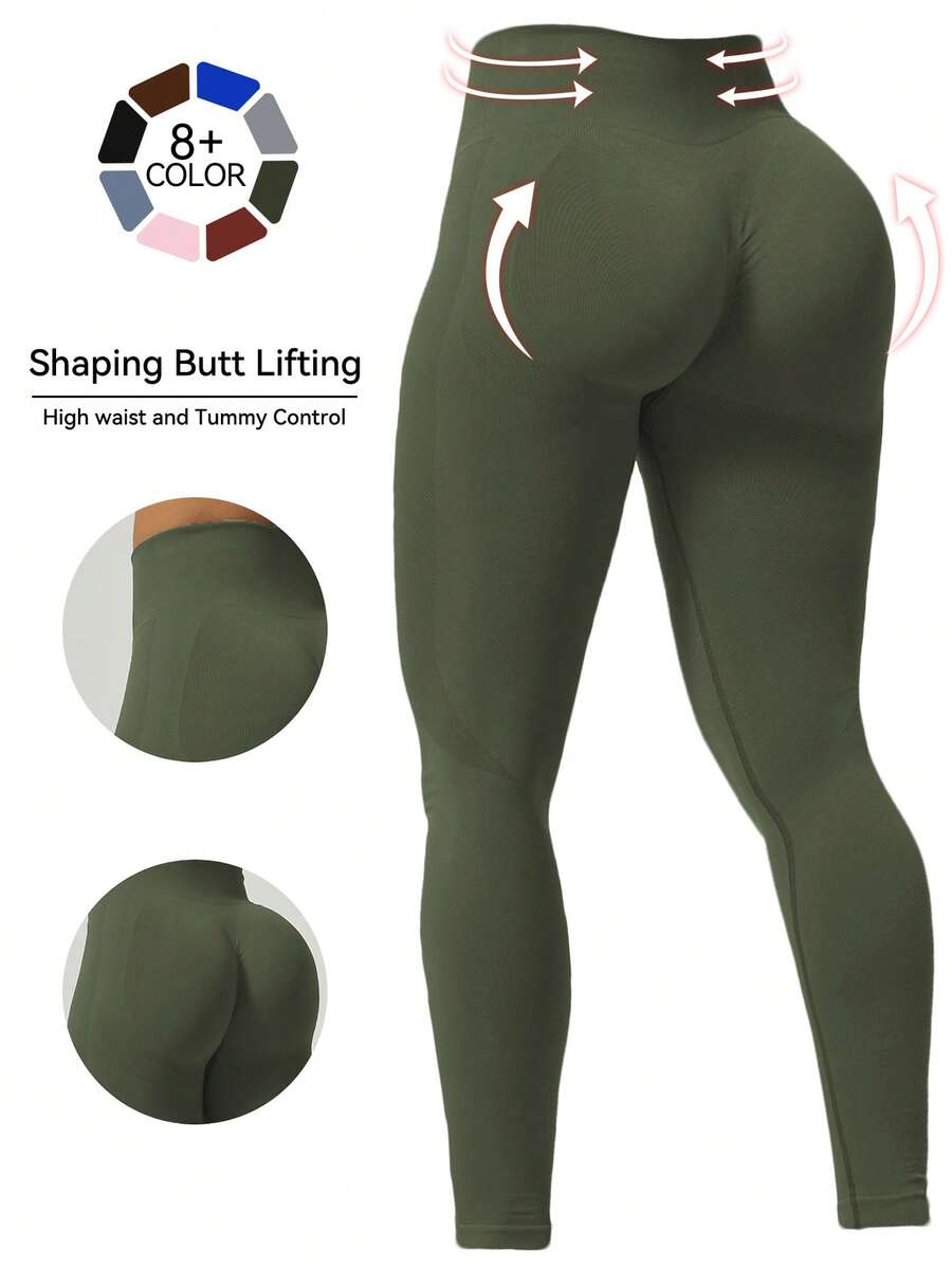 1pc Women's High Waist Skinny Leggings, THE GYM PEOPLE High Waist Padded Yoga Pants With Pockets, Tummy Control Shapewear, 4-Way Stretch, Suitable For Workout And Running - Green - View 1