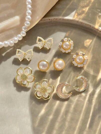 Andkiss 10pcs Set Of French Rhinestone & Faux Pearl Flower, Moon, Bow Stud Earrings