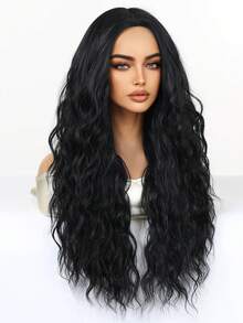 时尚女士长款波浪卷发假发 - 黑色 Kanekalon 高温丝，可调节帽型，适合所有肤色，浓密卷发，无蕾丝高温丝全头假发，适合日常佩戴 - 自然黑 - 查看 5