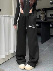 Women's Casual Sweatpants, Geometric Paw Print, Knitted Fabric, Elastic Waist With Drawstring, Loose Winter Wide Leg Pants - - màu đen - Xem 2