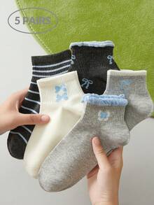 5 Pairs Women's Socks, Gray-Blue, Lace Trim Ankle Socks, Delicate Bowknot Pattern, Ruffle Edge, Romantic Style - Multicolor - View 6