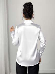 Elegant Collared Front Button Faux Silk Satin Satin Long Sleeve Women Blouse, Suitable For Daily Commute - White - View 2