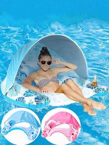 1pc Inflatable Lounger Chair, Leaf Design, With Detachable Sunshade Canopy, Fits 1 Adult, Holds Water Bottle, Floating Water Hammock, Foldable, Ideal For Ocean, Swimming Pool, Outdoor Sunbathing, Swimming, Beach Holidays. Air Pump Not Included, Sold Separately - Multicolor - View 6