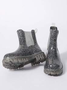 Gradient Chic Leopard Print Chelsea Rain Boots, Transparent Glossy Thick Sole Fashion Ankle Boots - Black - View 6