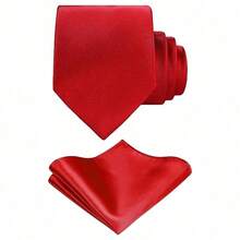 1 Set Men Solid Color 8cm Necktie And Pocket Square Set, Satin Tie And Handkerchief Set, Business Necktie And Pocket Square Men Necktie - Đỏ - Xem 1