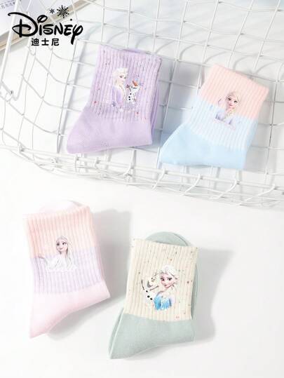  1/4 Pair Disney Children's Socks, Featuring Elsa From Frozen, Suitable For Boys And Girls, Great For Daily Wear, Outdoor Activities, School, And Home (Holiday Gift), Suitable For Spring, Summer, Autumn And Winter