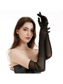 Guantes de seda negros al estilo europeo y americano para la novia en una actuación de danza - Negro - Ver 4
