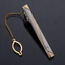 New Metal Gold Tie Clip With Chain, Men's Wedding Tie Clip, Gentleman Tie Clip, Tie Pin, Men's Accessory, Essential For Back To School Season - Multicolor - View 3