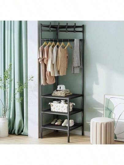 1 Stück Metall Garderobenständer mit Haken - Multifunktionale Schuh- & Accessoire-Aufbewahrung, geeignet für Schlafzimmer oder Wohnzimmer, Schwarz-Weiß-Design, perfekt zum Aufhängen von Mänteln, Jacken, Hüten und Dekorationen, Eckregal