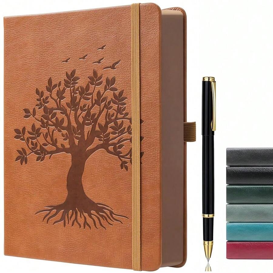 ZXHQ B5 360 Pages Lined Journaling Notebooks With Pen, Journals For Women Men Writing Notebook, Tree Of Life Design, Brown Edge, Fine Inner Pocket - Light Brown - 淺棕色B5線 - 查看 1