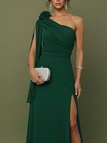 Bridesmaid Dress For Party Guests Reception Graduation Without Shine Cape Sleeve In Fluity Cpom Flower Brooch - 翠綠色 - 查看 2