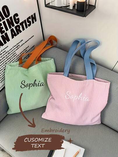 Customized Embroidered Name Striped Tote Bag, Showcasing Unique Style, Personalized Letter Striped Shoulder Bag, Solid Color Zipper Canvas Bag, Large Capacity Casual Bag, Multi-Color Strap, Suitable For Travel, Student Shoulder Bag