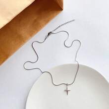 1pc Fashionable & Versatile Stainless Steel Silver Plated Snake Bone Chain Cross & Star Shaped Pendant Short Necklace For Men, Daily Wear, Non-Fading - Silver - View 3