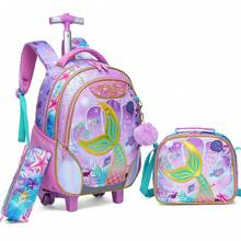 3pcs/Set Girls Rolling Backpack With Lunch Bag And Pencil Case, Lightweight Wheeled School Bag Suitable For Girls