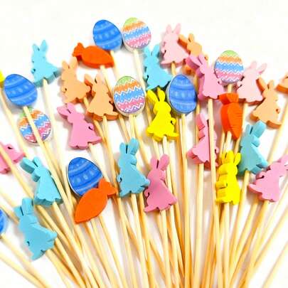 50/100 pezzi Stuzzicadenti per cocktail di Pasqua a forma di coniglio, carota, in bambù per decorazione di uova di Pasqua, torte, cibo per feste primaverili e di Pasqua a casa