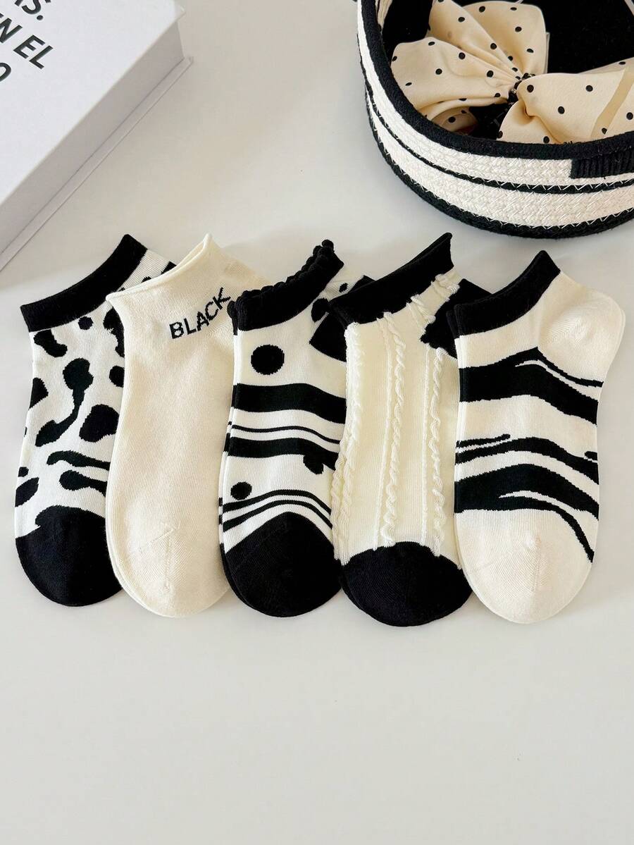 5 Pairs Women's Black & White Striped Polka Dot Ankle Socks, Girls' Breathable Moisture-Wicking Low-Cut Socks For Spring & Summer - Black and White - View 1