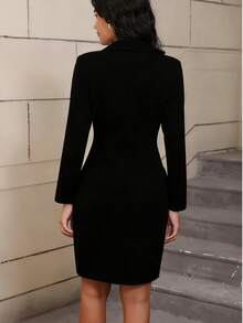 Women's Elegant Collared Fitted Solid Color Button Front Split Hem Office & Casual Dress, Suitable For Spring, Summer, Autumn - Black - View 2