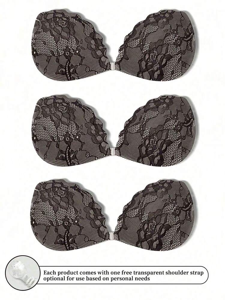 1pc/2pcs/3pcs Lace Invisible Bra Lift Adhesive Silicone Nipple Cover, Front Closure Back Strap Design, Reusable, Suitable For Bikini And Strapless Evening Dress - Black - View 11