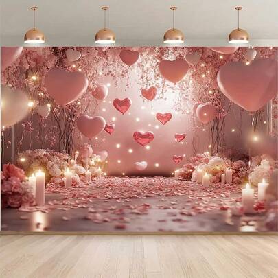 1PC Photography Background Banner Tapestry 2D Plane Pink Dream Scene, Love Balloon And Candlelight To Create A Romantic Atmosphere. Pink Fantasy Theme Background Cloth Indoor And Outdoor Party Decoration Banners, Photo Booth Studio Decoration, Photo Background, Birthday Party, Photography Props, Suitable For Marriage Proposal Parties, Romantic Birthday Parties And Other Holiday Theme Decorations.