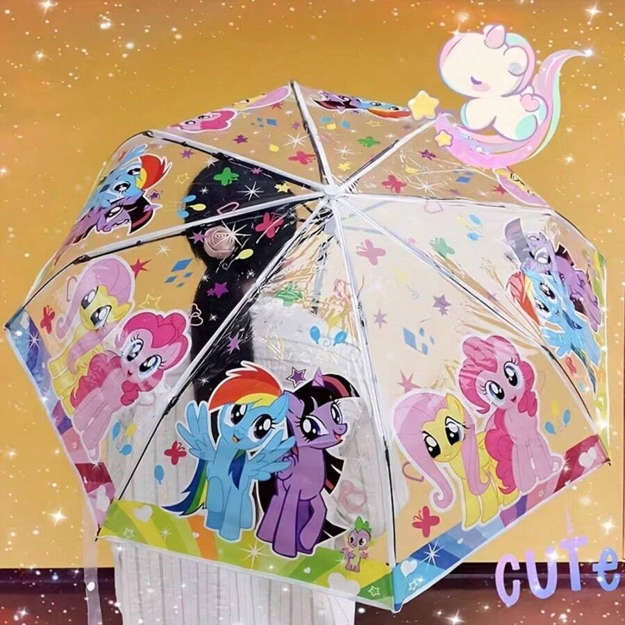 1pc My Little Pony Cute Transparent Manual Umbrella, Cartoon Character Print Clear Rain Umbrella, Lightweight Portable Umbrella For Kids & Girls - Perfect Christmas Birthday Gift For Anime Fans - Multicolor - View 1