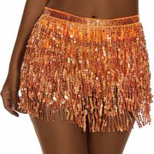肚皮舞流苏腰链波西米亚风臀巾新款亮片腰带，闪亮迷你裙，肚皮舞嘻哈裙，流苏臀巾，适合假日肚皮舞臀巾，亮片流苏裹裙，适合女士闪亮服装、舞蹈服装、沙滩音乐节嘉年华派对闪亮连衣裙！ - 彩色 - 查看 11