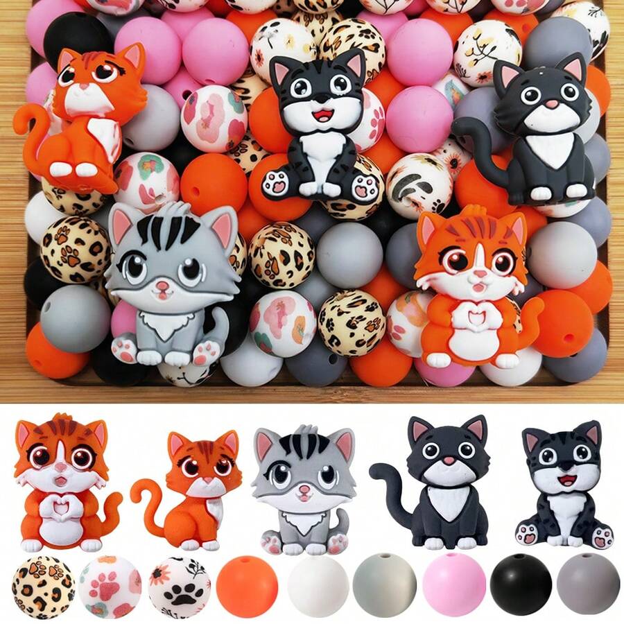 25/45/62PCS New 3D Cat Silicone Beads Set - Orange, Gray, Black Cat Design - Adult DIY Accessories Suitable For DIY Beaded Pens, Earrings, Etc. Perfect As Holiday Birthday Gift Beads & Bead Assortments