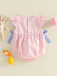 Mono de verano para niñas pequeñas con bordado de flores a cuadros, cuello redondo y mangas voladoras - Rosa - Ver 7
