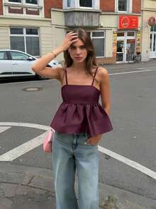 2026 Spring/Summer New Sexy Backless Square Neck Dopamine Purple Ruffle Trim Camisole Top, Holiday Outfit, Summer Vacation Wear, Music Festival Attire, Concert Outfit, Birthday Outfit, Date Night Set, Beach Resort Style, Street Fashion - Purplish-red - View 6