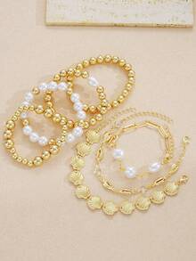 7pcs/6pcs Vintage Elegant Boho Jewelry Set, Ocean Style Faux Pearl, Heart, Shell, Fan-Shaped Beaded Bracelets, Personalized Simple High-End Layered Bangle Bracelets, Suitable For Women Summer Beach Party, Dating, Daily Wear - 黃金 - 查看 6