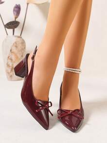1双优雅时尚经典款新款后跟系带亮面酒红色高跟鞋，适合晚宴和休闲场合，舒适百搭的闪亮红色细高跟鞋，配有弹性搭扣，女士无后跟凉鞋 - 酒紅色 - 查看 4