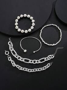 5pcs Vintage Exaggerated Minimalist Old Coin Design Layered Chunky Chain Beaded Bracelet Set, Suitable For Date, Vacation, Daily Wear, Party, Holiday Gift For Women - Silver - View 4