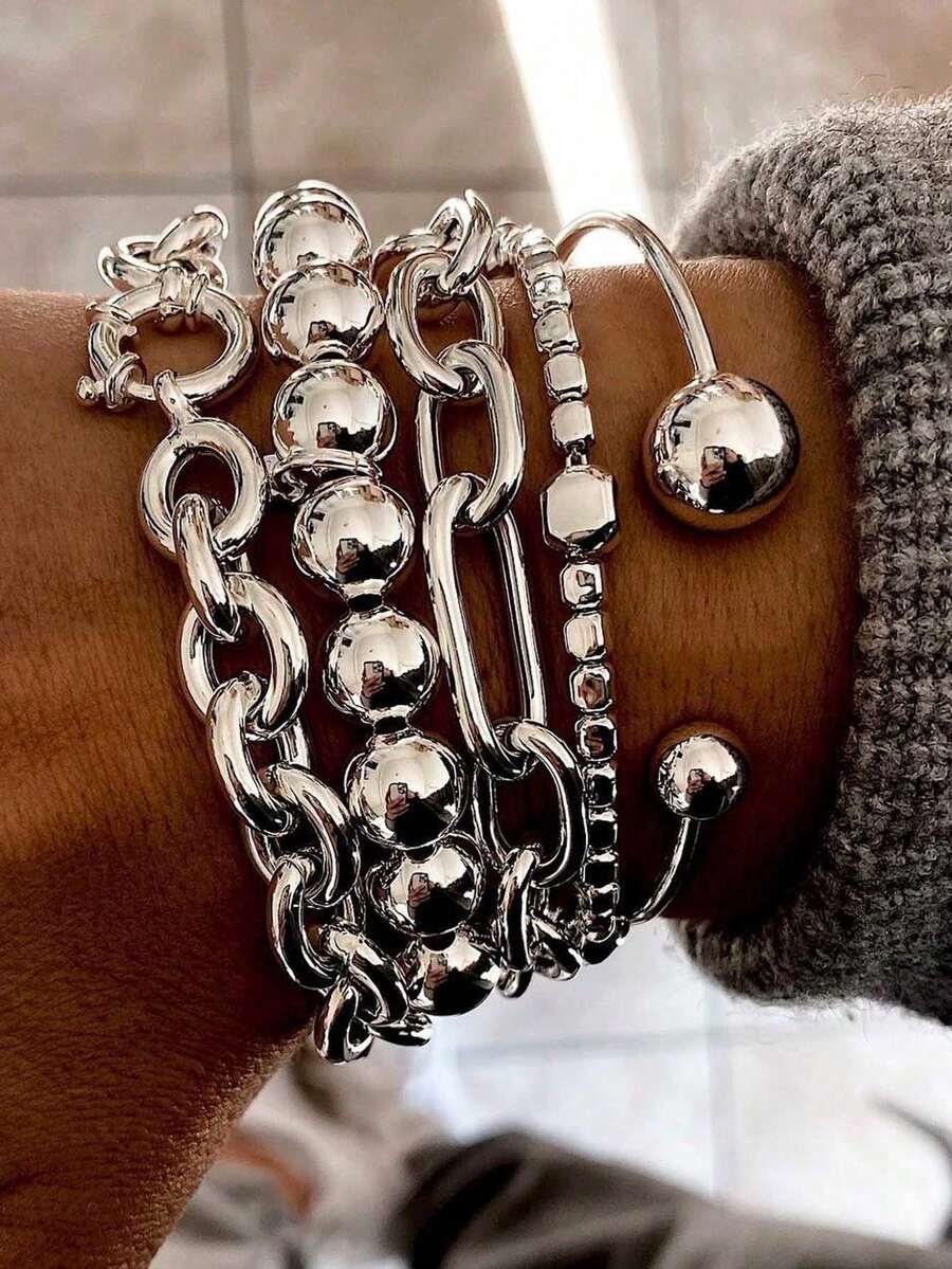 5pcs Vintage Exaggerated Minimalist Old Coin Design Layered Chunky Chain Beaded Bracelet Set, Suitable For Date, Vacation, Daily Wear, Party, Holiday Gift For Women - 銀色 - 查看 1