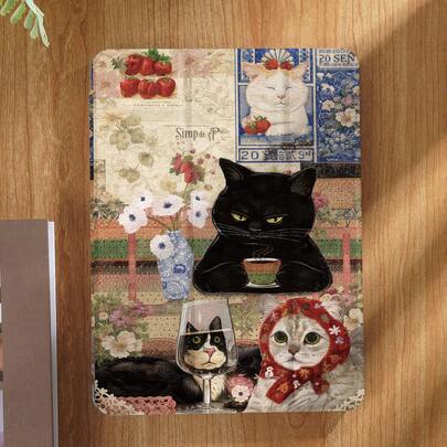 Kedi ve Çiçek Desenli Tablet Koruma Kılıfı, iPad 9.7/10.2/10.5/10.9/12.9/Pro 11 (10. Nesil), Galaxy Tab S6 Lite 10.4", Kindle Paperwhite (12. Nesil, 2024), Kindle (11. Nesil, 2022), Kobo Clara Color ile uyumlu, Yumuşak ve Darbeye Dayanıklı, Akıllı Stand/Otomatik Uyandırma/Uyku Fonksiyonu