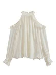 女士优雅蕾丝边露肩荷叶边设计上衣 - 杏色 - 查看 3