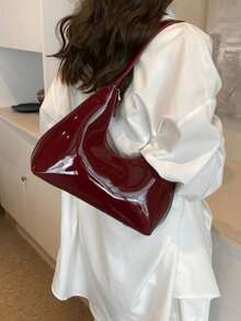 Korean Style Niche Red Lacquer Leather Crescent Shoulder Bag, Ladies Handbag, Stylish Underarm Bag, Good Quality - Red - View 2