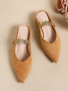 Women's New Pointed Toe Low Heel Mules, Fashionable Slip-On Mary Jane Shoes - Brown - View 7