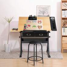 Height Adjustable Drafting Table Drawing Table Artist Desk Tilting Tabletop Art Craft Desk Watercolor Paintings Sketching Work Station W/2 Storage Drawers And Stool For Home Office - 杏色 - 查看 5