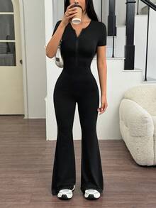 AiTyi Women's Jumpsuit, Well Fitted Casual Backless Hollow Design, Fashionable Sexy Slim Fit Comfortable Outdoor Commute Sports Versatile, Suitable For Graduation, New Year, Valentine's Day, Spring/Summer Elastic Knit Short Sleeve Flared Leg Jumpsuit - Black - View 2